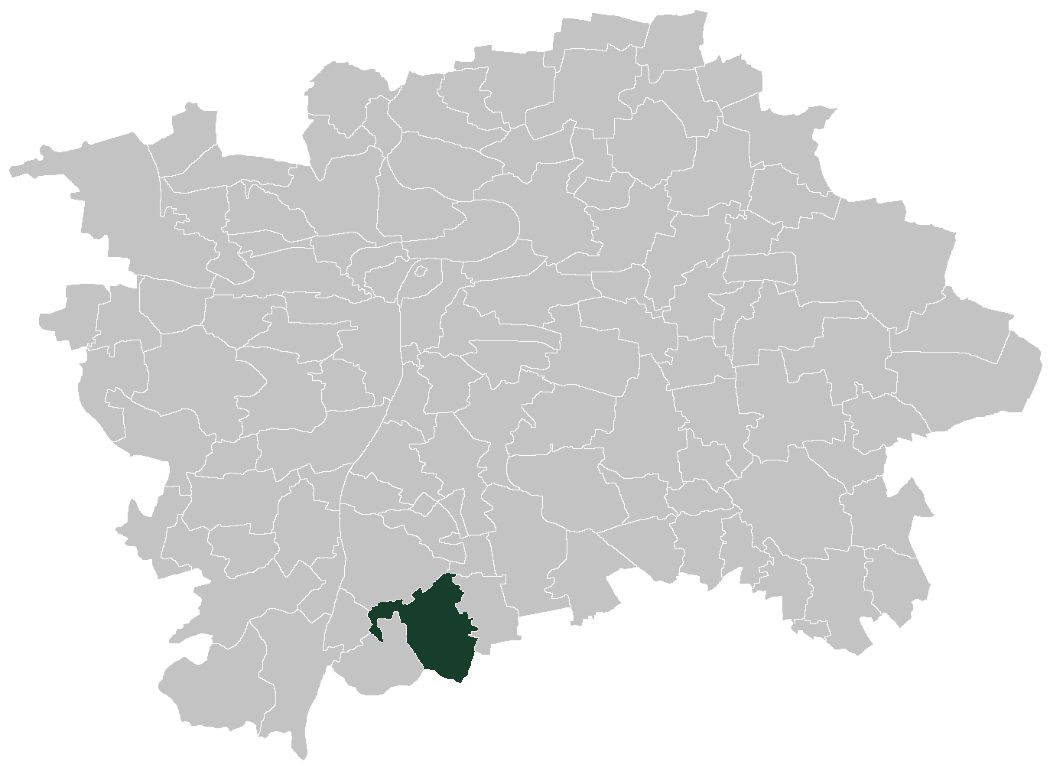 Mapa pražských katastrálních území. Cholupice jsou na jižním okraji Prahy vyznačeny tmavě zeleně.
