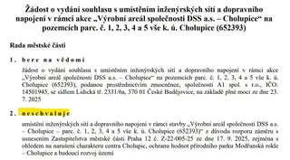 Usnesení Rady městské části Praha 12 z 21. 7. 2026, které neschvaluje umístění inženýrských sítí a dopravního napojení pro výrobní areál DSS v Cholupicích.