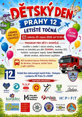 Plakát Dětského dne Prahy 12 na letišti Točná v sobotu 29. srpna 2026 od 13:00. Pořádá Sbor dobrovolných hasičů Praha–Cholupice. Soutěže, hudba, dětské atrakce a technika IZS, vstup zdarma.